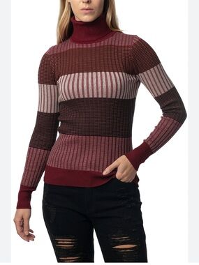 Fashion Nova Striped Ribbed Turtleneck Sweater - Burgundy & Light Gray